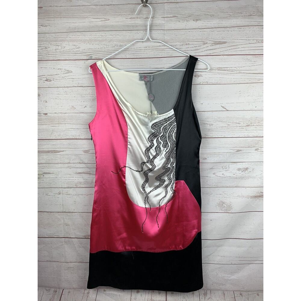 Body‎ Language Top Womens Large beaded sleeveless tunic black/pink Shiny NEW